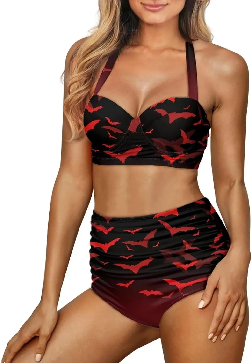 Yuuxorilu Women Two Piece High Waist Bikini Set Halter Ruched High Waist Bikini with Bottom