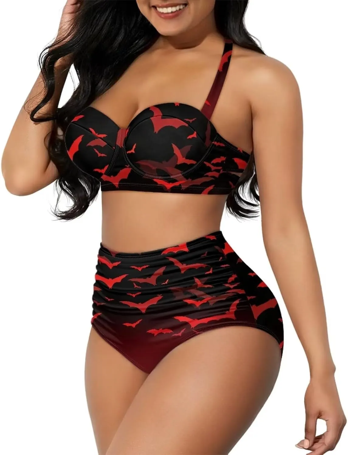 Yuuxorilu Women Two Piece High Waist Bikini Set Halter Ruched High Waist Bikini with Bottom