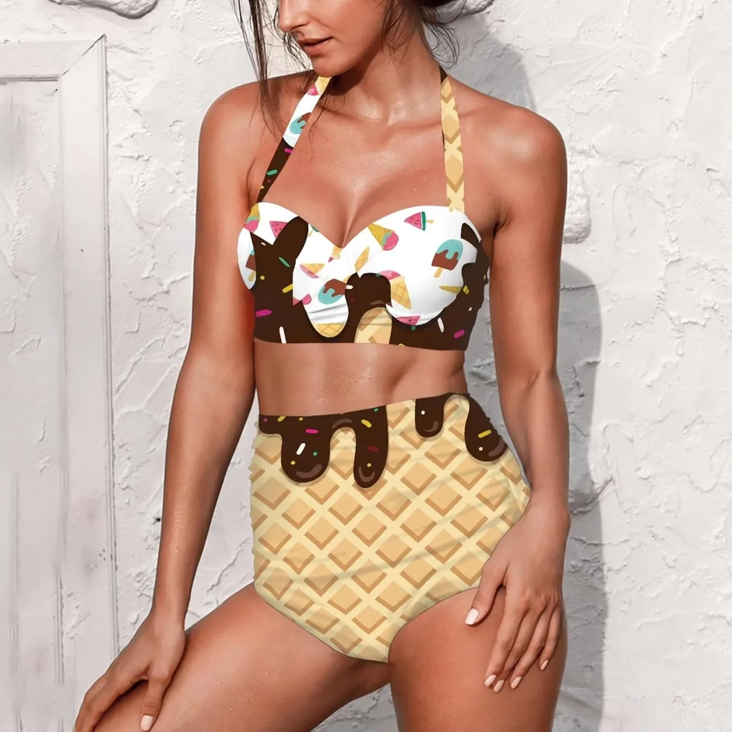 Yuuxorilu Women Two Piece High Waist Bikini Set Halter Ruched High Waist Bikini with Bottom