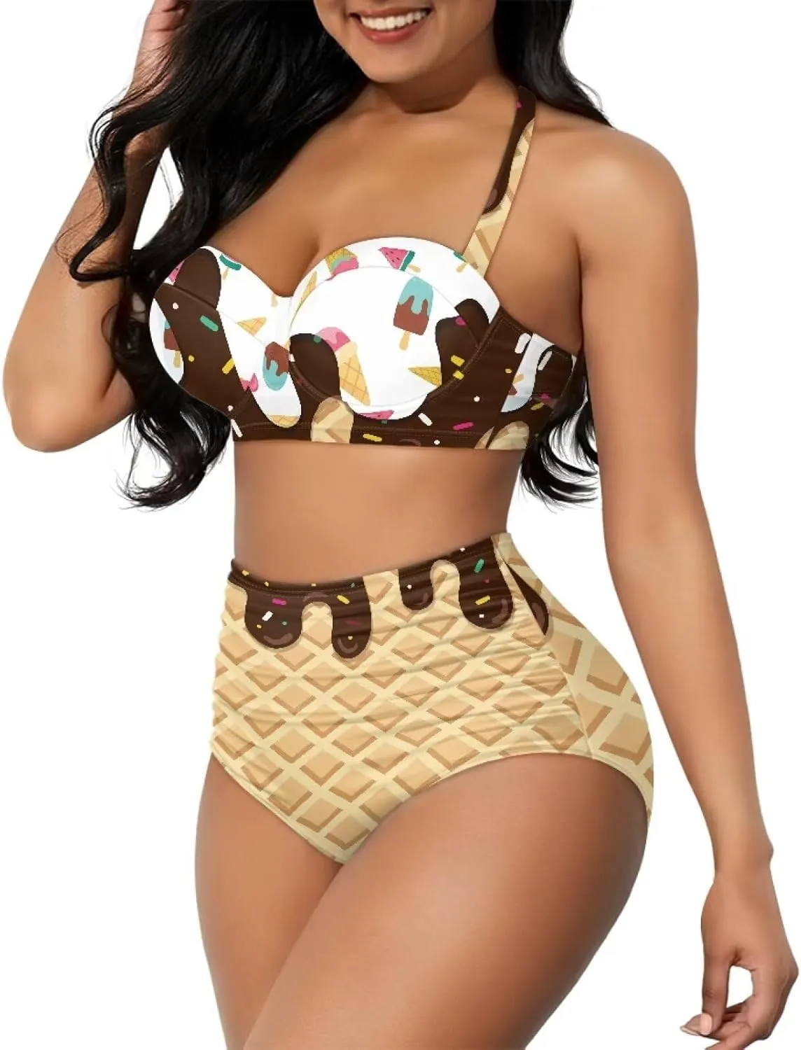 Yuuxorilu Women Two Piece High Waist Bikini Set Halter Ruched High Waist Bikini with Bottom