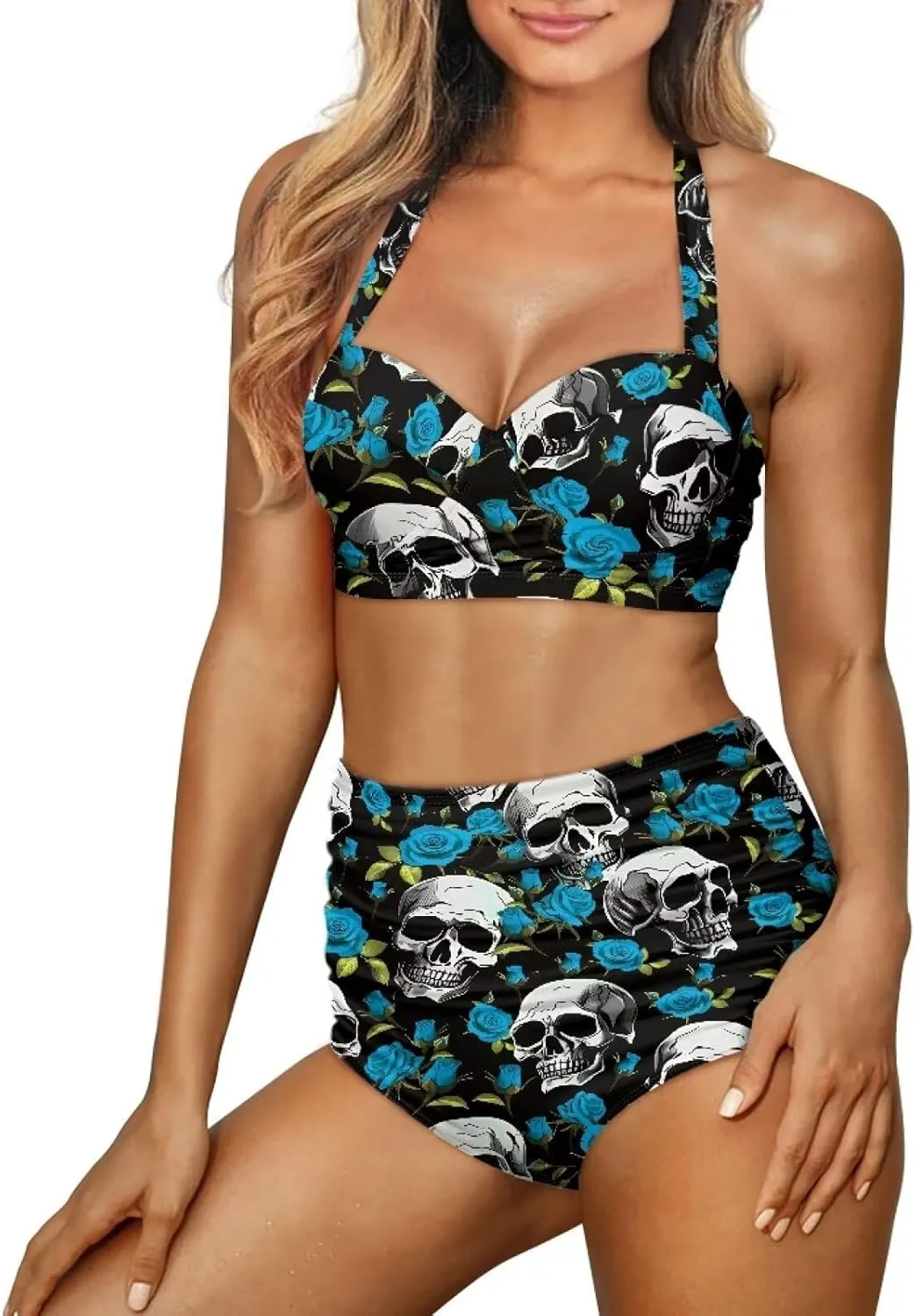 Yuuxorilu Women Two Piece High Waist Bikini Set Halter Ruched High Waist Bikini with Bottom