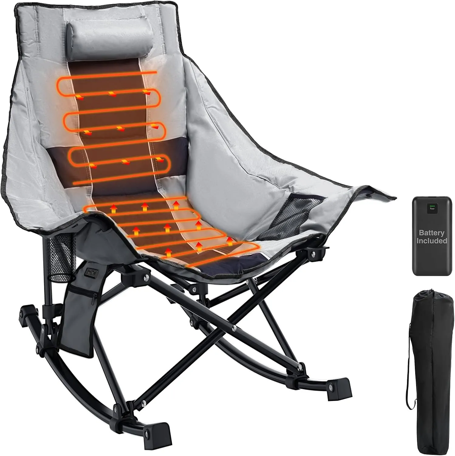ZENPETIO Heated Camping Chair, Oversized Outdoor Rocking Chair with 3 Heat Levels, Portable Folding Heated Chair for Camp, Lawn, Sports, Winter Use (Battery Included)
