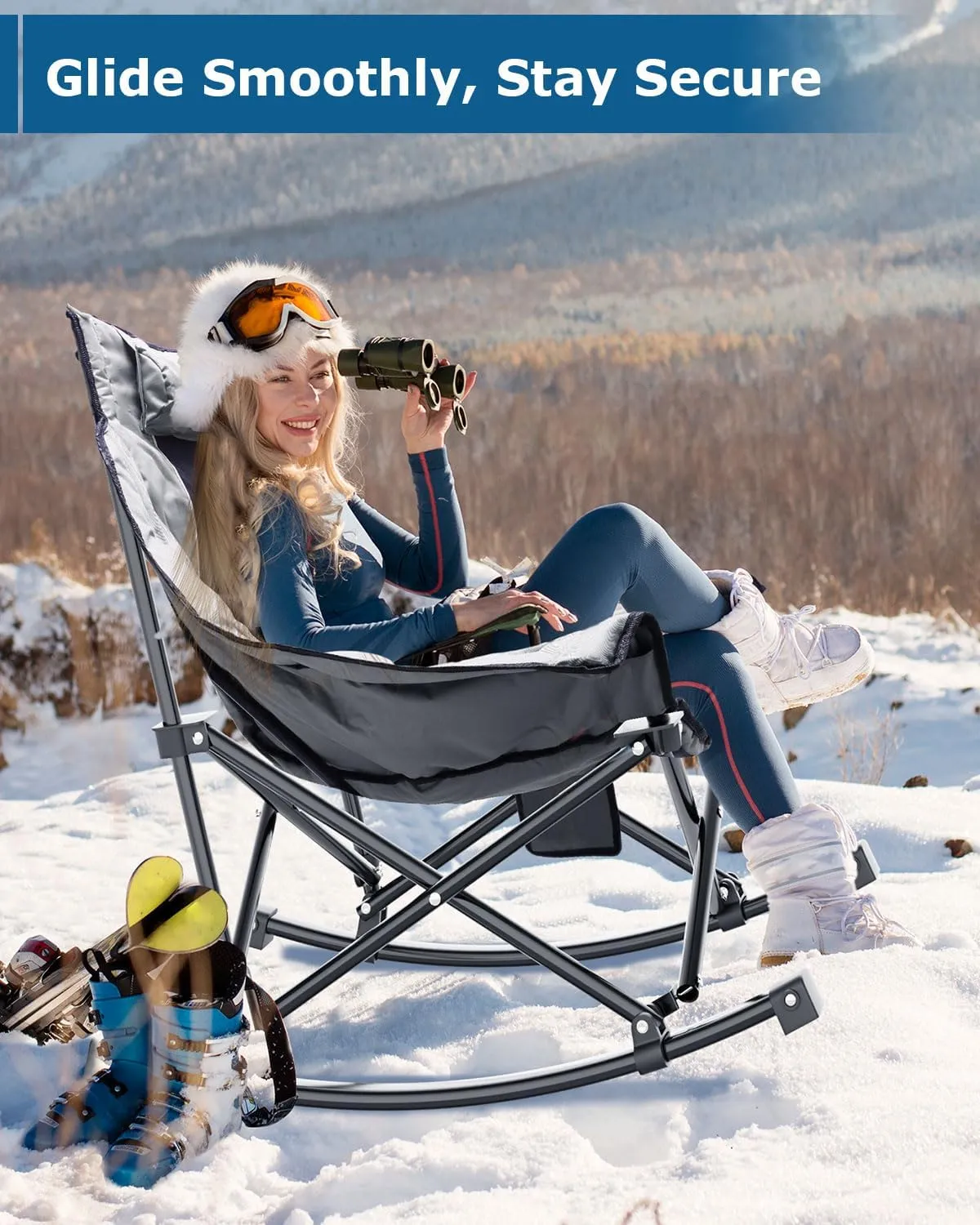 ZENPETIO Heated Camping Chair, Oversized Outdoor Rocking Chair with 3 Heat Levels, Portable Folding Heated Chair for Camp, Lawn, Sports, Winter Use (Battery Included)