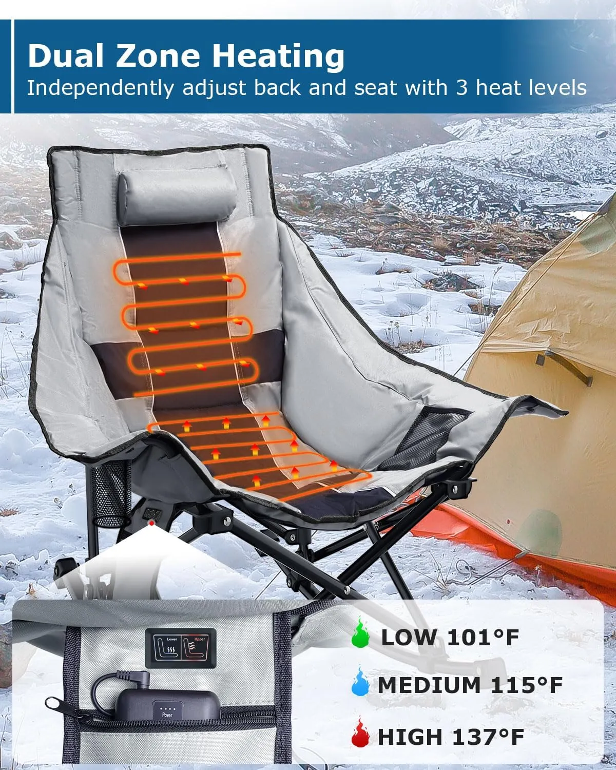 ZENPETIO Heated Camping Chair, Oversized Outdoor Rocking Chair with 3 Heat Levels, Portable Folding Heated Chair for Camp, Lawn, Sports, Winter Use (Battery Included)