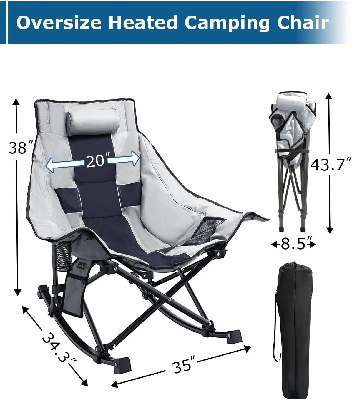 ZENPETIO Heated Camping Chair, Oversized Outdoor Rocking Chair with 3 Heat Levels, Portable Folding Heated Chair for Camp, Lawn, Sports, Winter Use (Battery Included)
