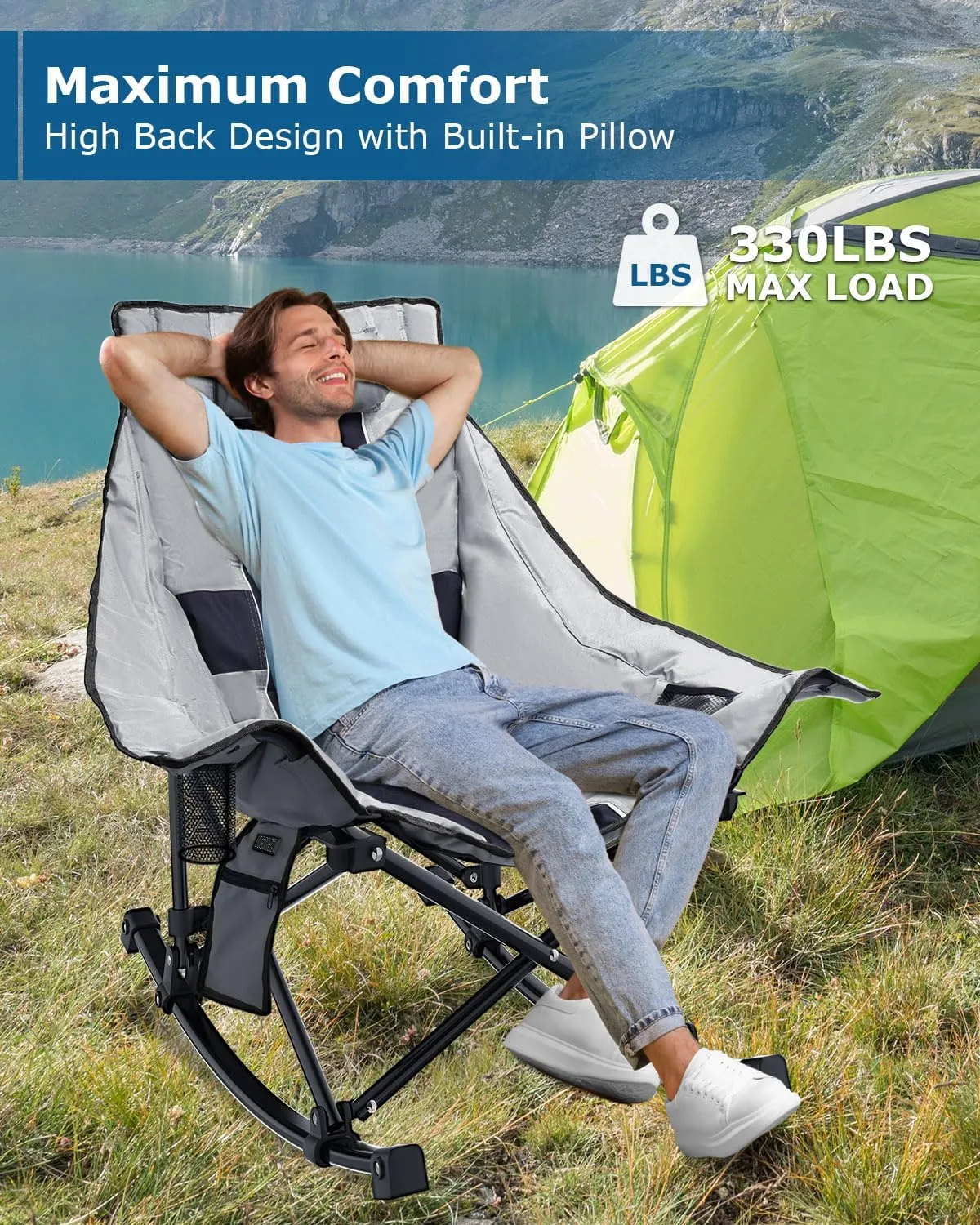 ZENPETIO Heated Camping Chair, Oversized Outdoor Rocking Chair with 3 Heat Levels, Portable Folding Heated Chair for Camp, Lawn, Sports, Winter Use (Battery Included)