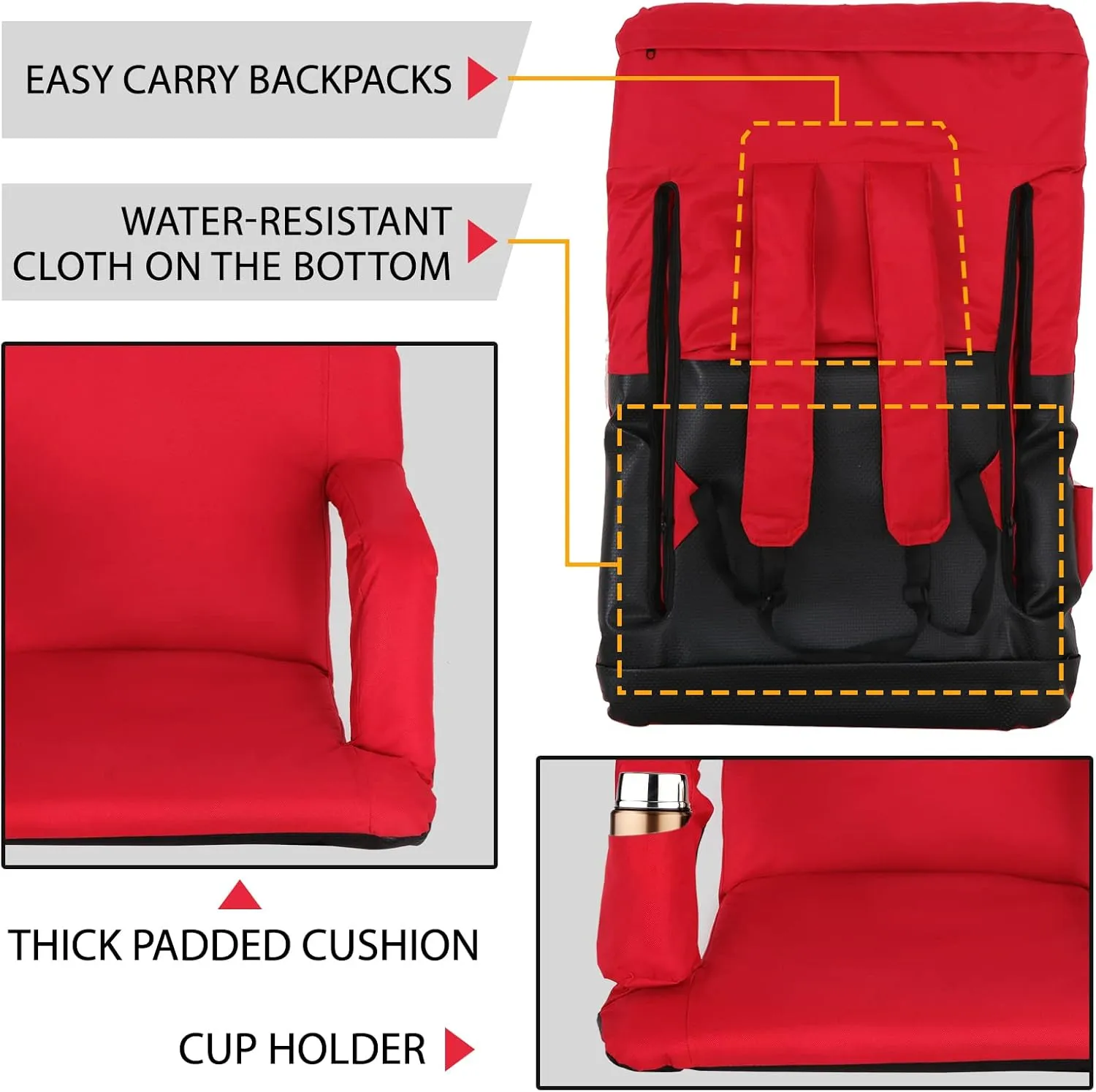 ZENY Folding Stadium Seat with Back Support, 20.5'' / 25'' Reclining Bleacher Seat Chairs with Back and Cushion, Portable Sport Events Stadium Chairs with Backrest
