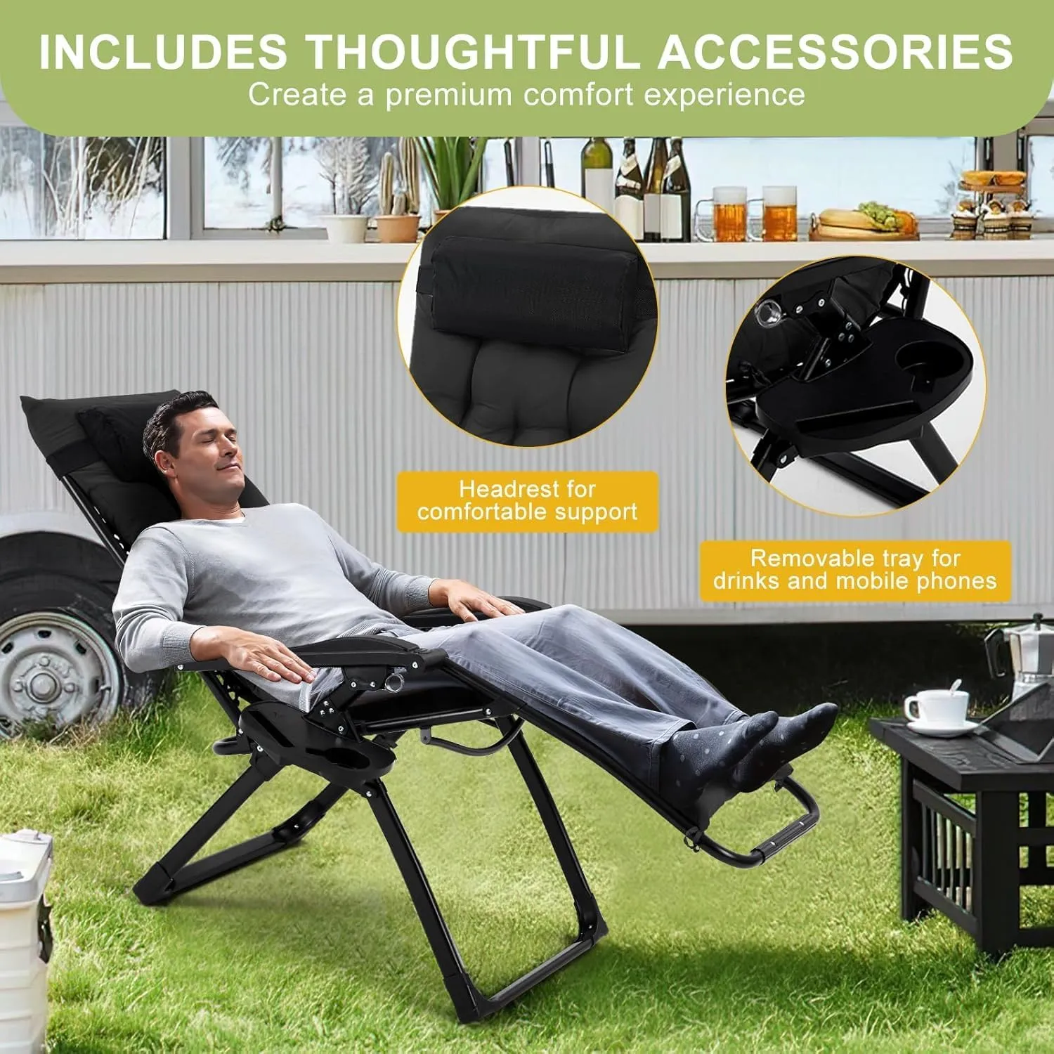 Zero Gravity Camping Chair with 440 Lbs Weight Capacity, Upgraded Aluminum Locking System, 4" Thick Removable Cushion, Portable & Foldable with Tray & Padded Headrest for Outdoor Relaxation