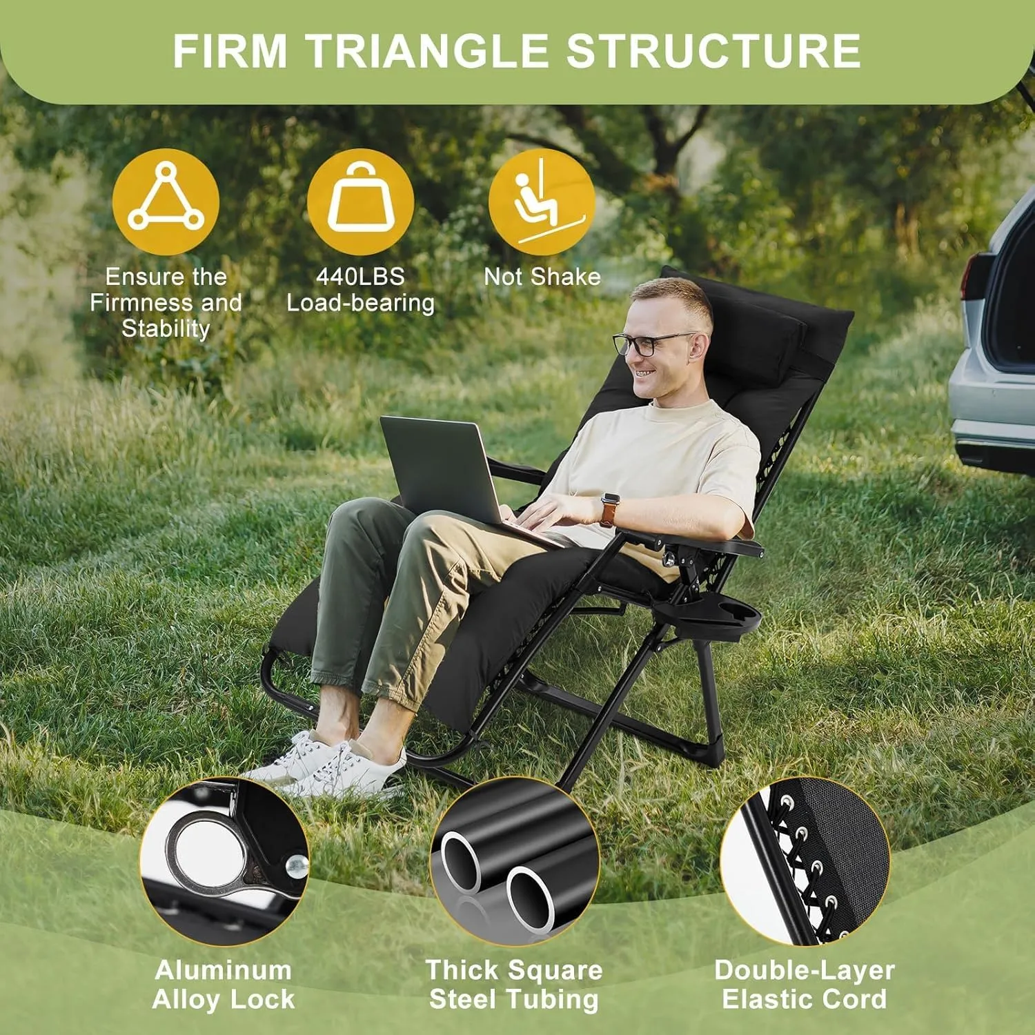 Zero Gravity Camping Chair with 440 Lbs Weight Capacity, Upgraded Aluminum Locking System, 4" Thick Removable Cushion, Portable & Foldable with Tray & Padded Headrest for Outdoor Relaxation