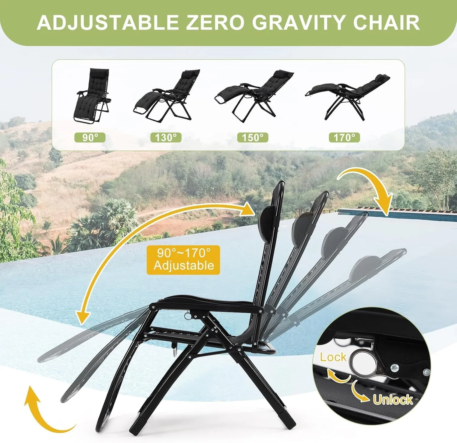 Zero Gravity Camping Chair with 440 Lbs Weight Capacity, Upgraded Aluminum Locking System, 4" Thick Removable Cushion, Portable & Foldable with Tray & Padded Headrest for Outdoor Relaxation