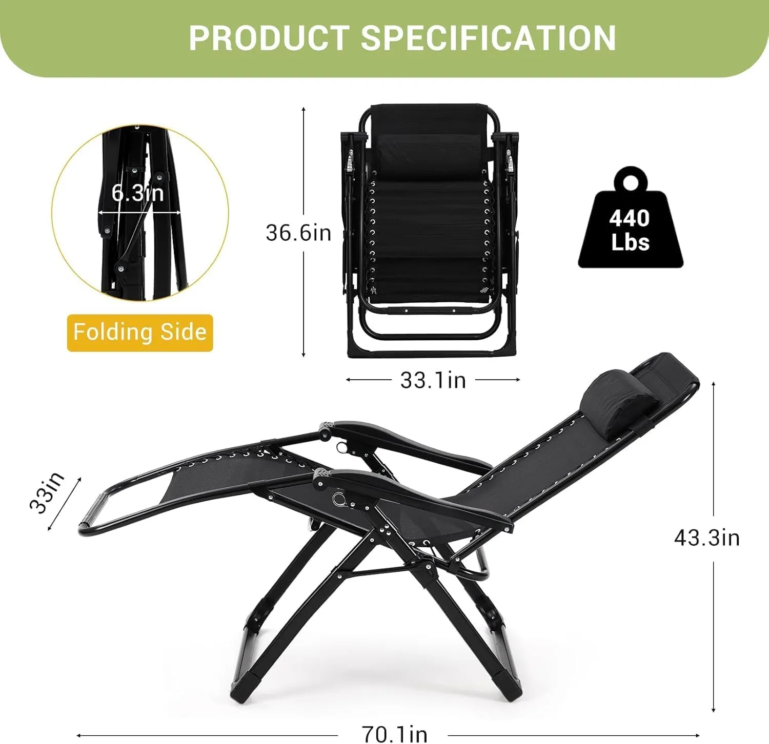 Zero Gravity Camping Chair with 440 Lbs Weight Capacity, Upgraded Aluminum Locking System, 4" Thick Removable Cushion, Portable & Foldable with Tray & Padded Headrest for Outdoor Relaxation