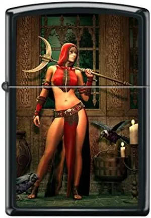 Zippo 2 Crows and Sexy Warrior Woman with Axe Lighter - Black Matte