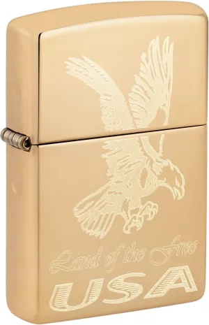 Zippo Lighter, American Eagle, Land of The Free USA, Engraved - High Polish Brass 81070