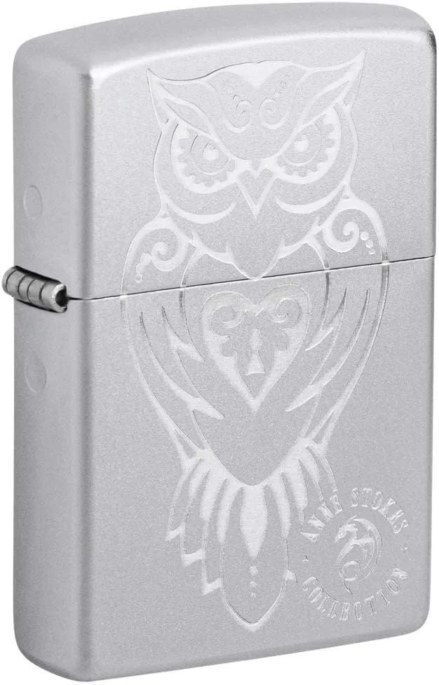 Zippo Lighter: Anne Stokes Engraved Owl - Satin Chrome 81199