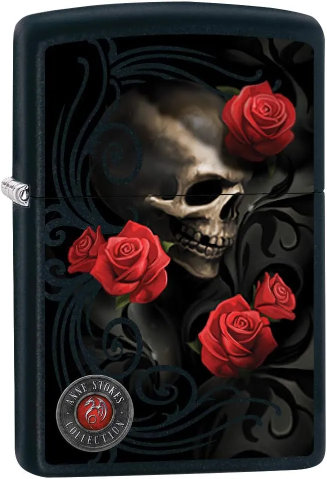 Zippo Lighter: Anne Stokes Skull and Roses - Black Matte 80010