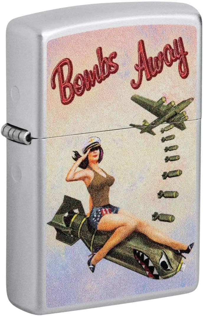 Zippo Lighter: Bombs Away, Pin-up Girl - Satin Chrome 81418