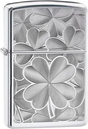 Zippo Lighter: Engraved Four Leaf Clovers - High Polish Chrome 80854