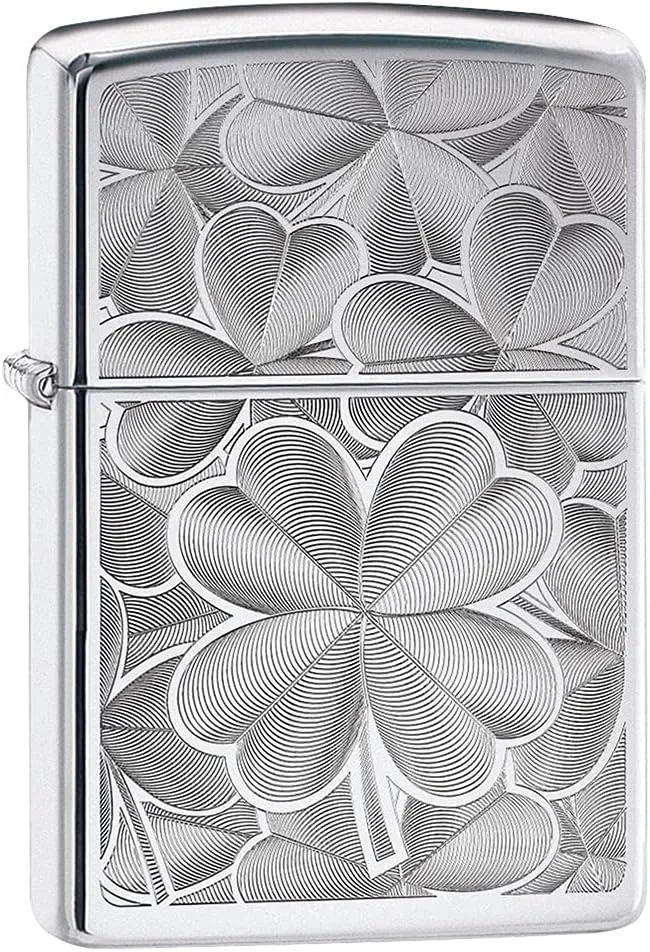 Zippo Lighter: Engraved Four Leaf Clovers - High Polish Chrome 80854