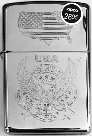 Zippo Lighter Great American Eagle with USA Map Laser Lettering Pattern