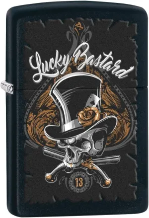 Zippo Lighter: Lucky Bastard Skull - Black Matte 80196