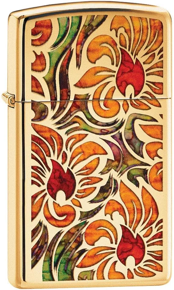 Zippo Lighter: Slim Floral Pattern, Fusion - High Polish Brass 80797