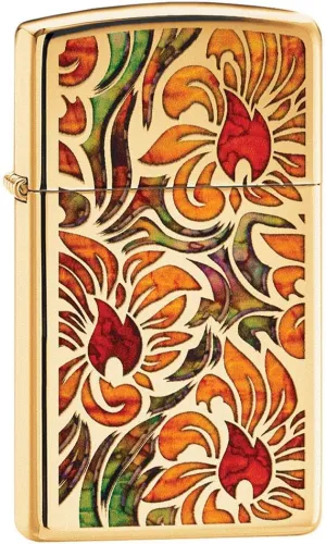 Zippo Lighter: Slim Floral Pattern, Fusion - High Polish Brass 80797