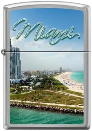 Zippo Miami Florida Lighter, Classic Brushed Chrome Finish – Windproof & Refillable, Iconic Cityscape Design