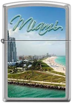Zippo Miami Florida Lighter, Classic Brushed Chrome Finish – Windproof & Refillable, Iconic Cityscape Design