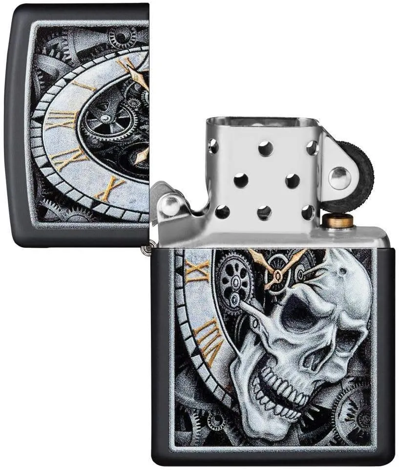 Zippo Skull Clock Design Black Matte Pocket Lighter, One Size (29854)