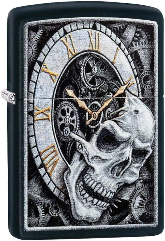 Zippo Skull Clock Design Black Matte Pocket Lighter, One Size (29854)