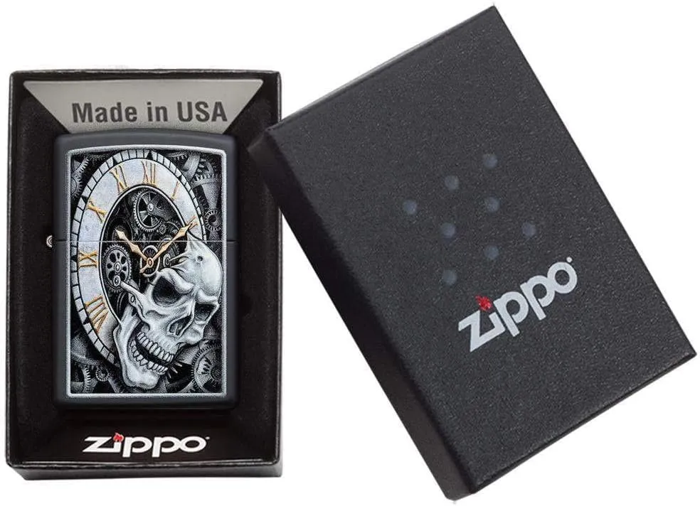 Zippo Skull Clock Design Black Matte Pocket Lighter, One Size (29854)