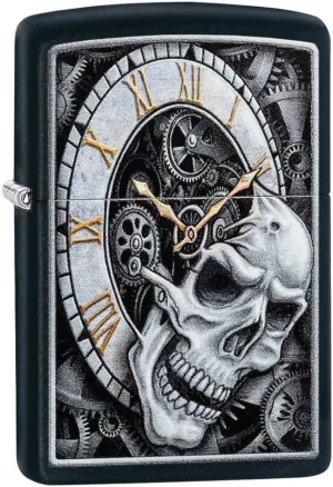 Zippo Skull Clock Design Black Matte Pocket Lighter, One Size (29854)