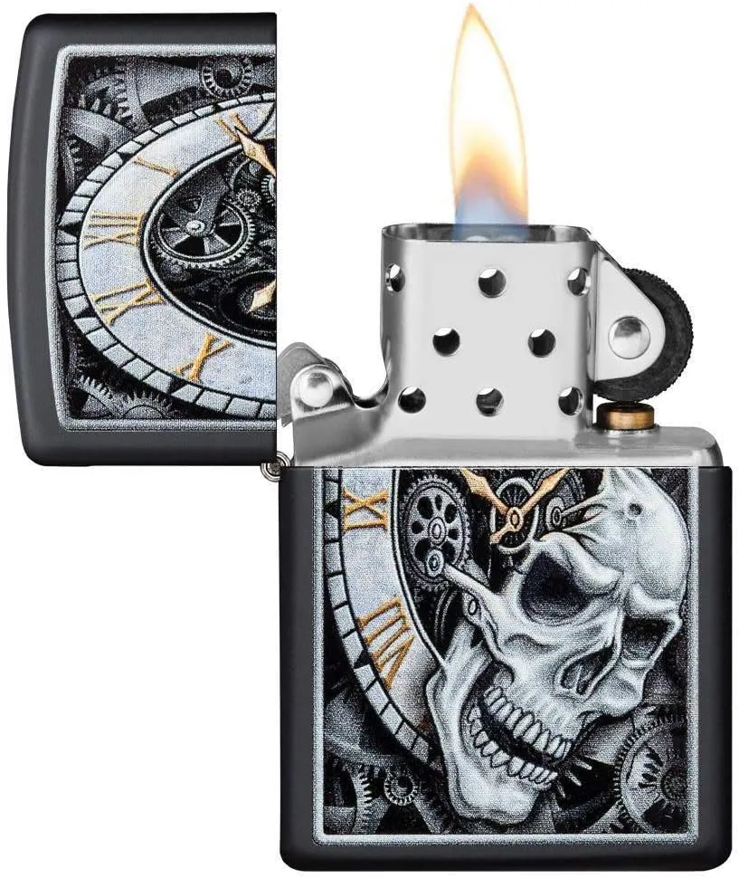 Zippo Skull Clock Design Black Matte Pocket Lighter, One Size (29854)