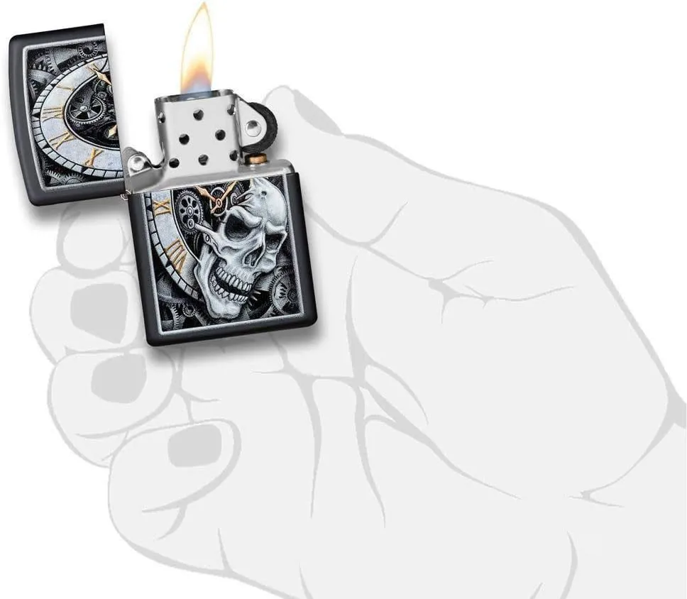 Zippo Skull Clock Design Black Matte Pocket Lighter, One Size (29854)