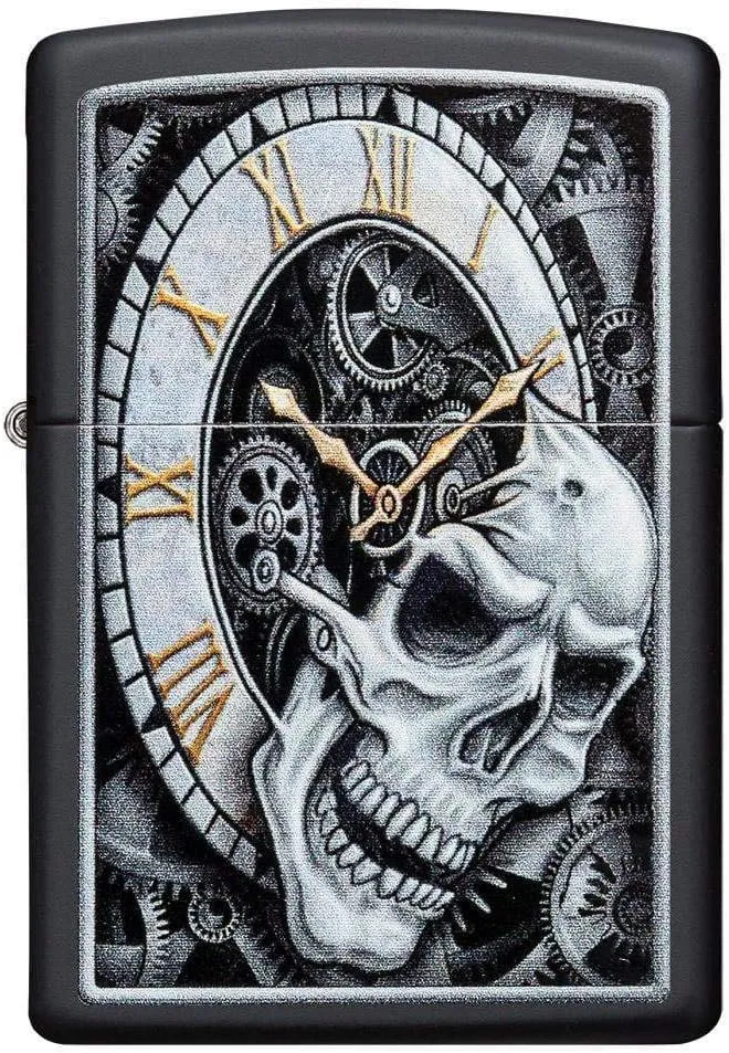 Zippo Skull Clock Design Black Matte Pocket Lighter, One Size (29854)