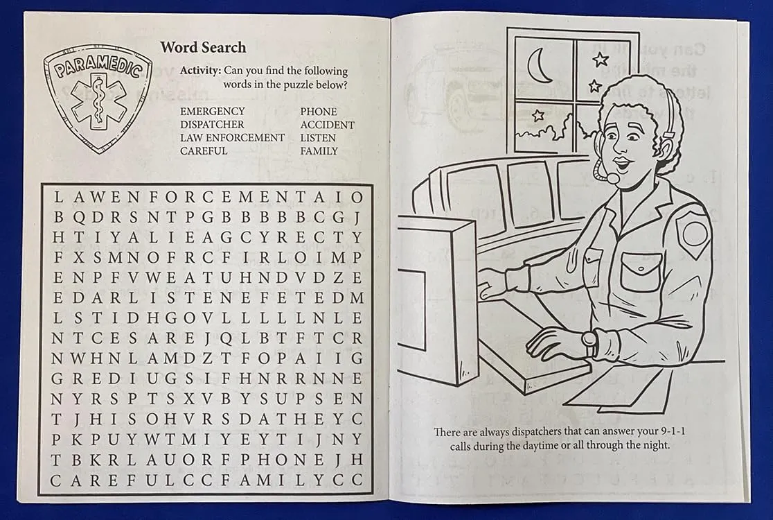 ZOCO – Learn About 911 – Coloring & Activity Books (25 Bulk Pack, Without Crayons) – EMT, EMS Dispatcher, Police, Sheriff, Fire Department Handout for Kids