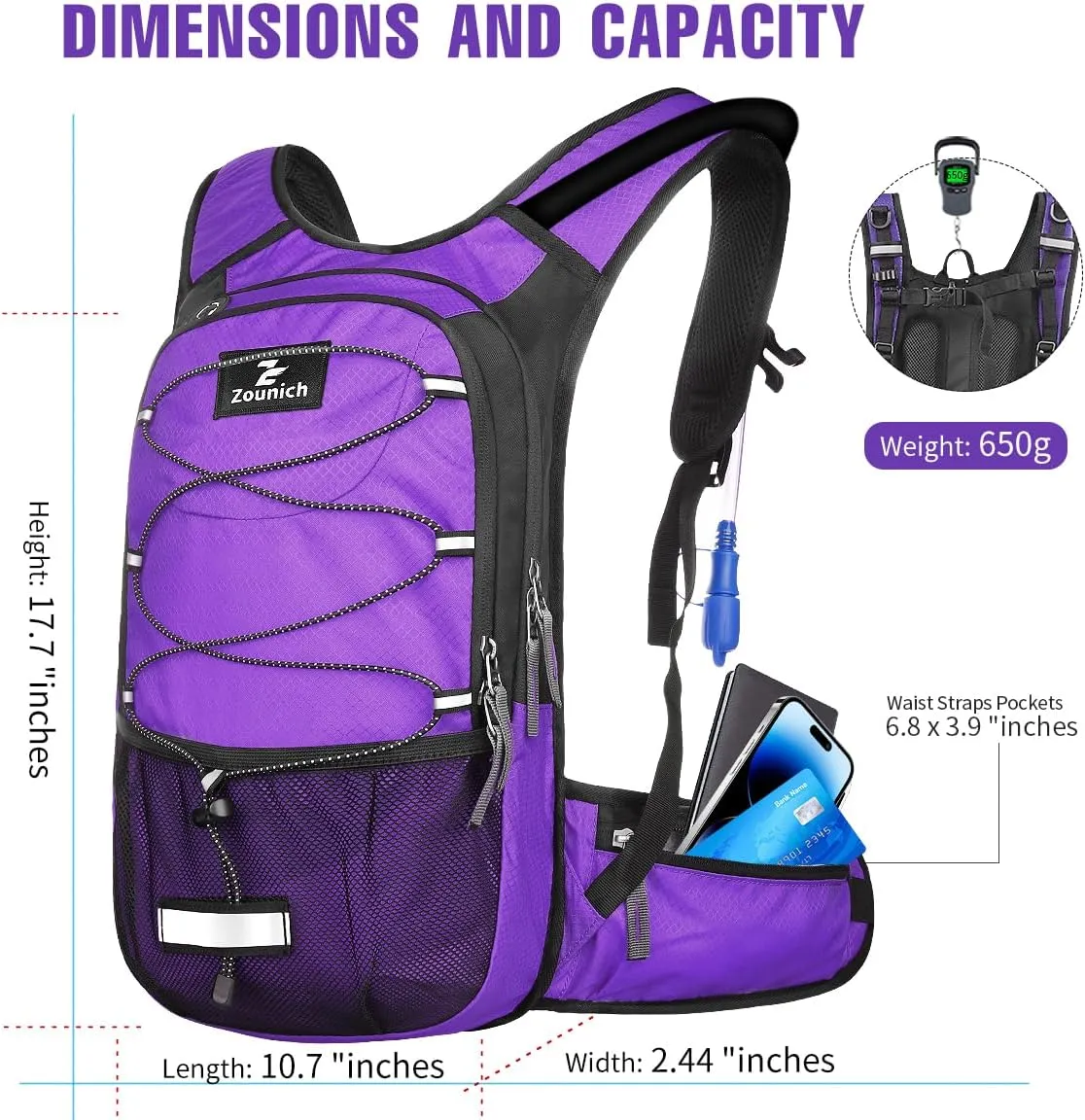 Zounich Hydration Backpack, Breathable Running Backpack with 3L Water Bladder, Large Capacity Hiking Rucksack Outdoors Hydration Bag Pack Perfect for Cycling Camping Fitness Climbing Fits Men & Women