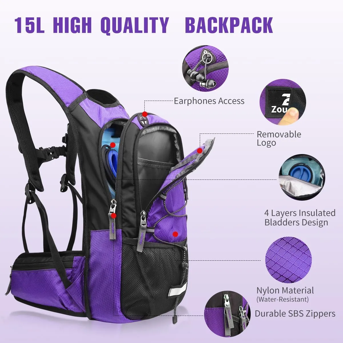 Zounich Hydration Backpack, Breathable Running Backpack with 3L Water Bladder, Large Capacity Hiking Rucksack Outdoors Hydration Bag Pack Perfect for Cycling Camping Fitness Climbing Fits Men & Women