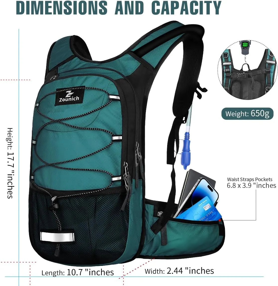 Zounich Hydration Backpack, Breathable Running Backpack with 3L Water Bladder, Large Capacity Hiking Rucksack Outdoors Hydration Bag Pack Perfect for Cycling Camping Fitness Climbing Fits Men & Women